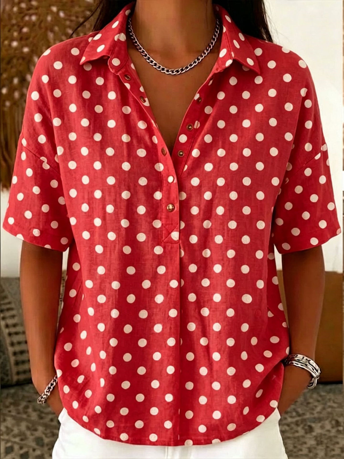 Women's Casual Polka Dot Lapel Shirt Half-open Button Blouse