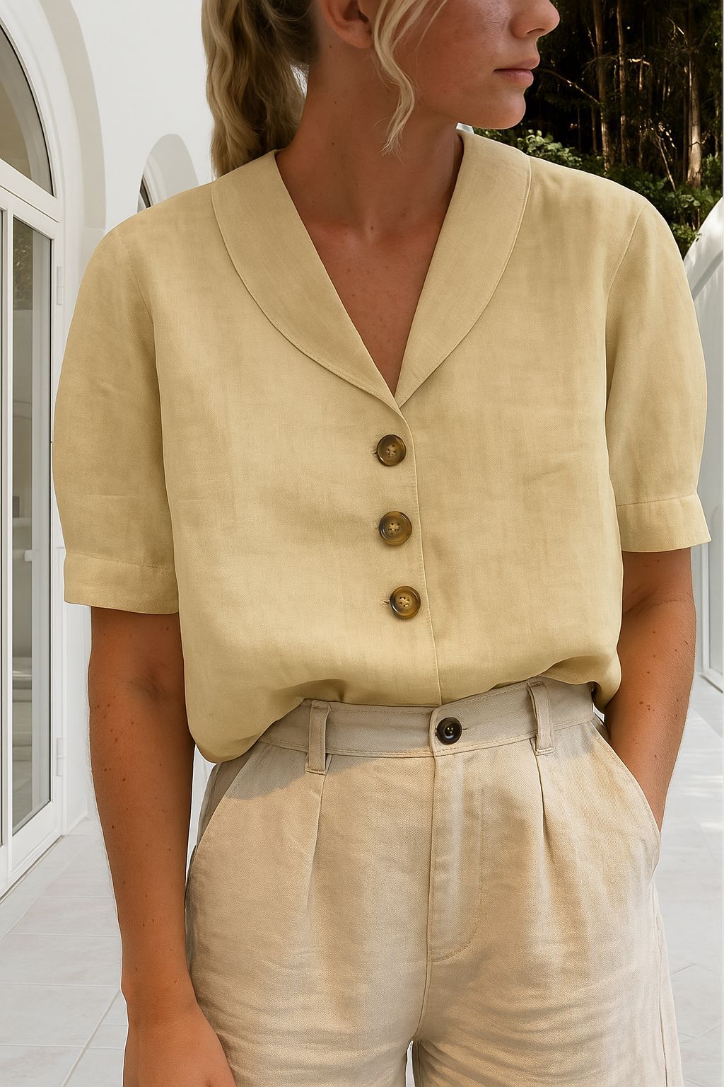 Women's Casual Long Sleeve Cotton Linen Solid Color Blouse