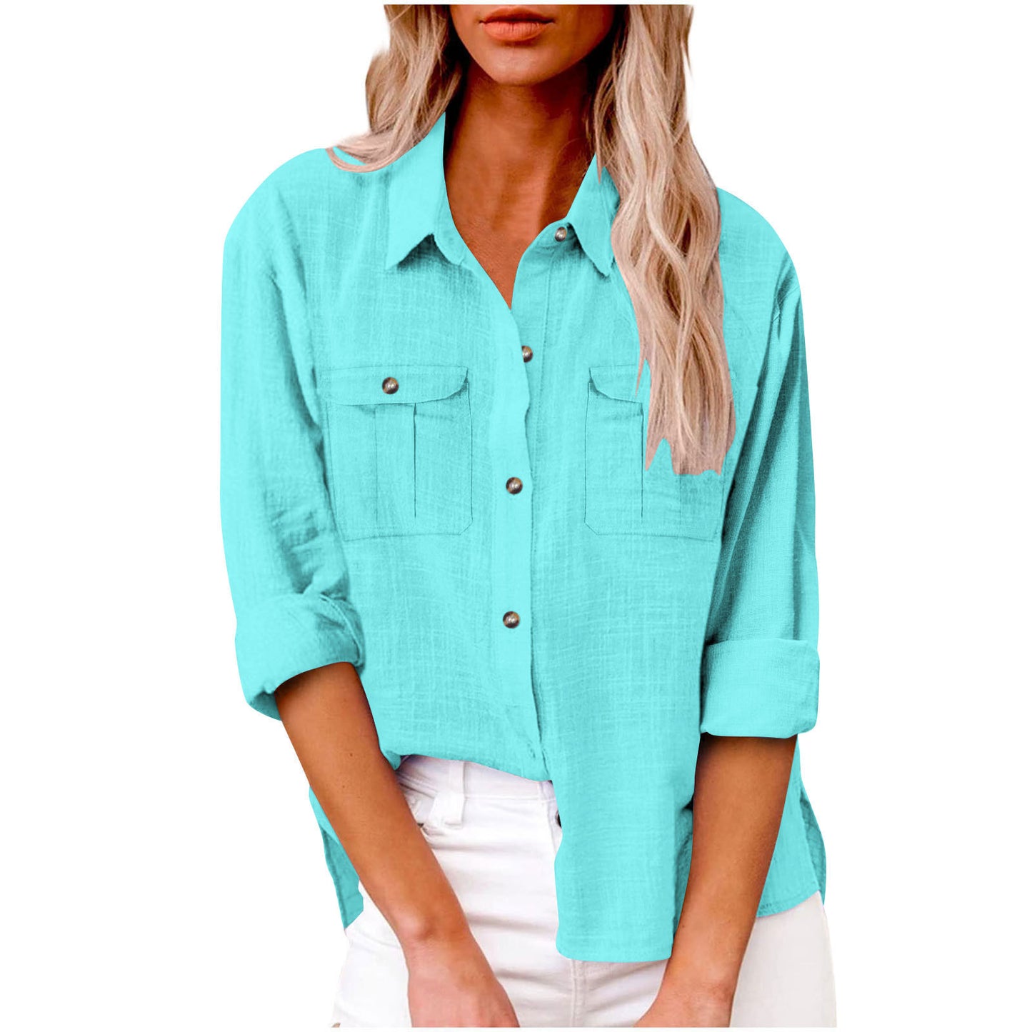 Women's Pocket Split Long Sleeve Cotton Linen Clothing