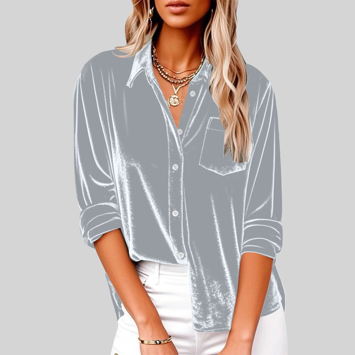 Women's Fashion Casual Long Sleeve Lapel Gold Veet Loose With Blouse