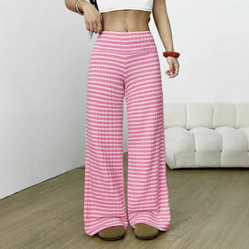 Women's Striped Solid Color Knitted Ladies Trousers Casual Pants