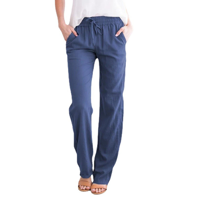 Women's Solid Color Cotton Linen Drawstring Loose Casual Pants