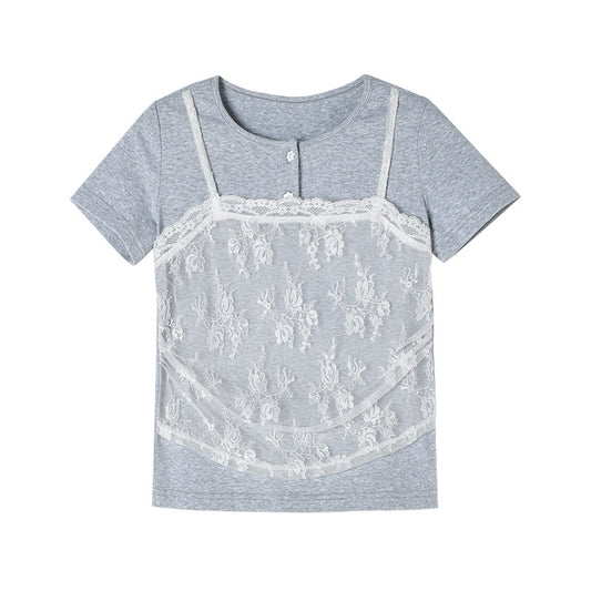 Children's Korean Lace Stitching Fake Two-piece Summer Middle Big Short Children's T-shirt