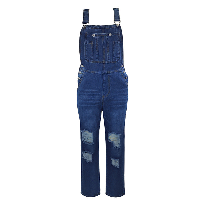 Women's Washed Cut Straight Casual Suspenders Ripped Women's Jeans