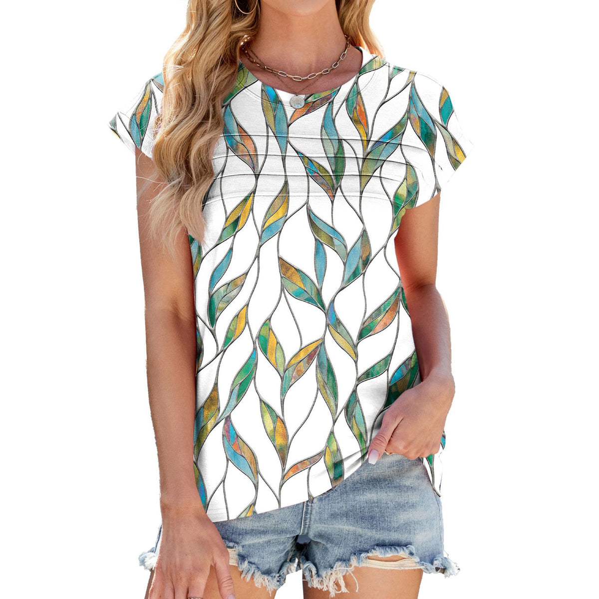 Women's Printed Stripes Round Neck Loose Sleeves Shorts