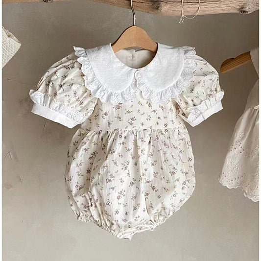 Style Lace Lapel Floral Short Sleeve Princess Going Jumpsuit, Climbing Suit