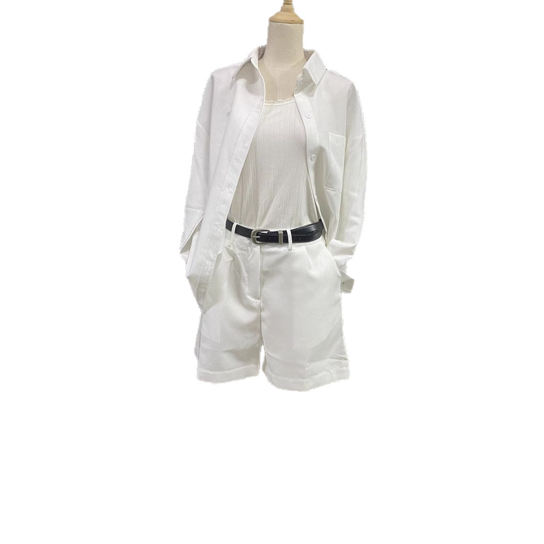Women's Solid Color Long Sleeve Shirt Belt Fashion Casual Suit