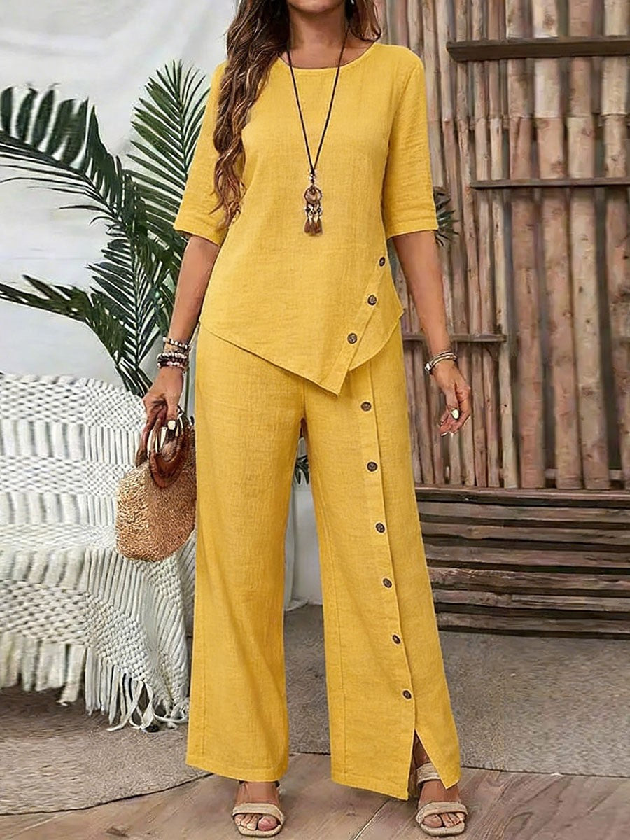 Women's Irregular Hem Trousers Button Half Sleeve Suits