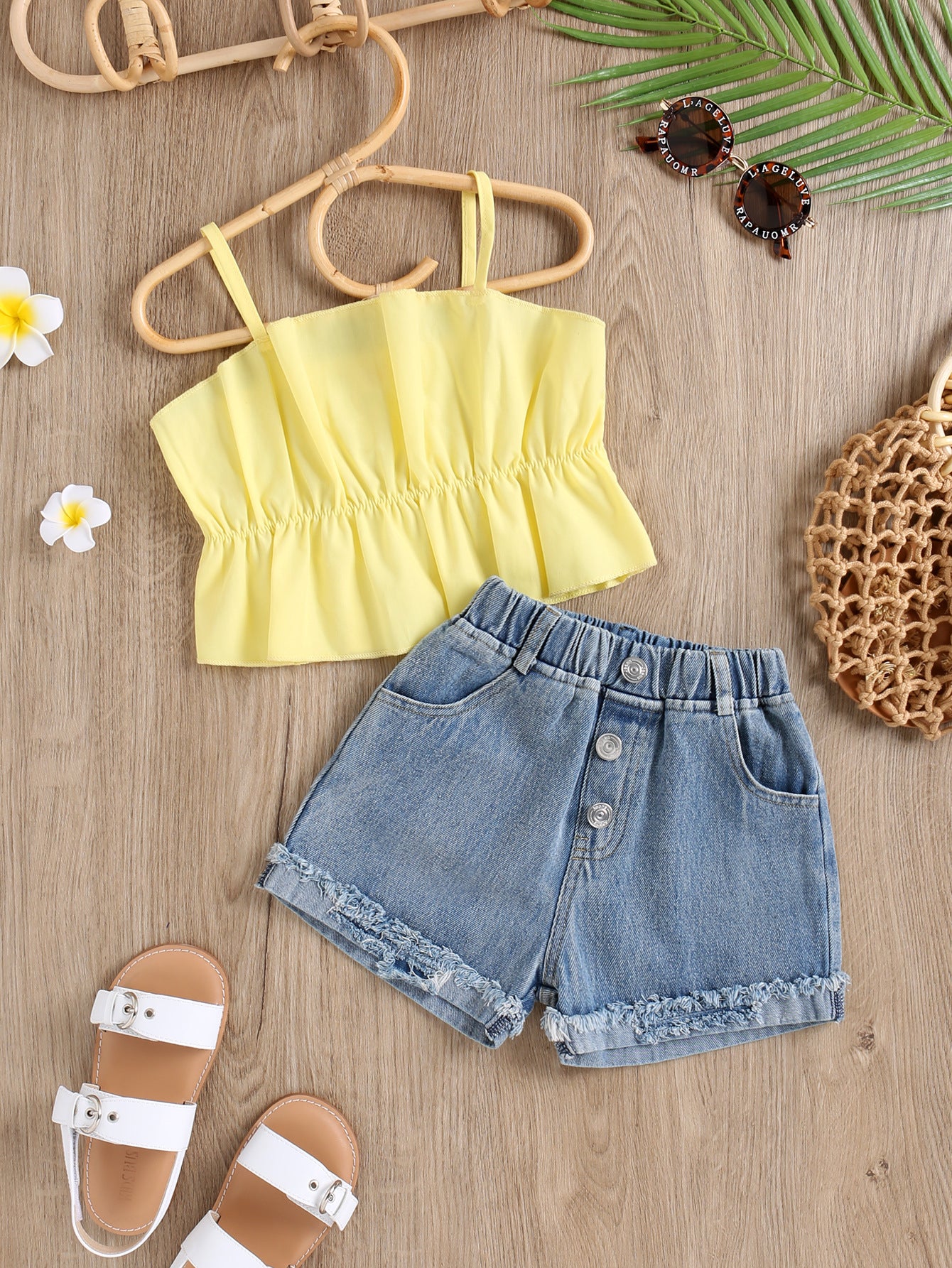 Children's Clothing Strap Pleated Three-dimensional Vest Top Washed Brushed Denim Shorts Children's Suit