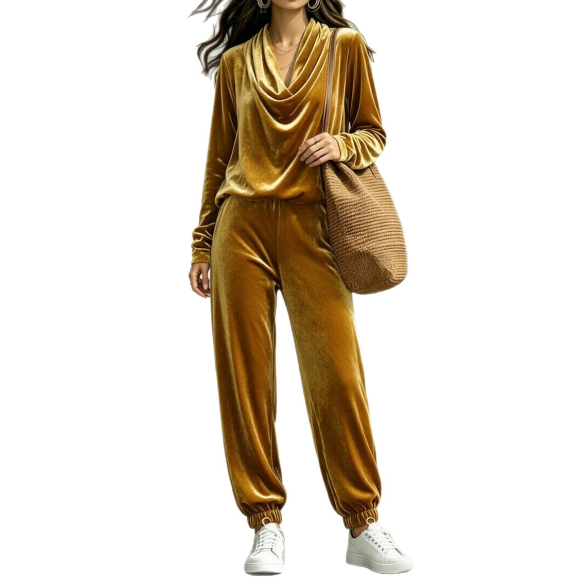 Women's Draped Collar Long Sleeve Ankle Banded Pants