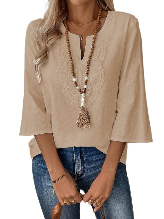 Women's Shirt Lace Trim Solid Color White Blue Blouse