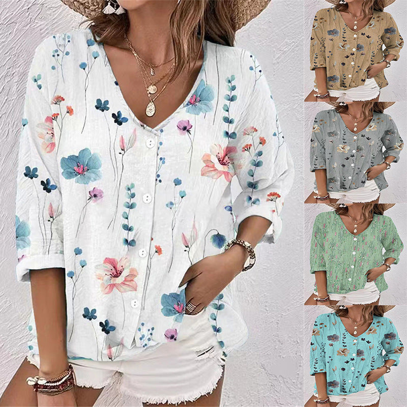 Casual Women's Buttons Printed Long Sleeve Lace Shirt, Chiffon Shirt