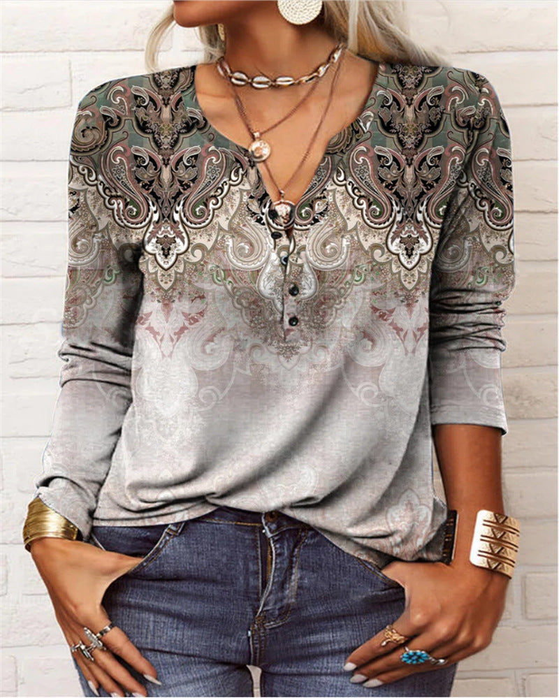 Popular Women's Long-sleeved Printed Ethnic Fashion Women's T-shirt