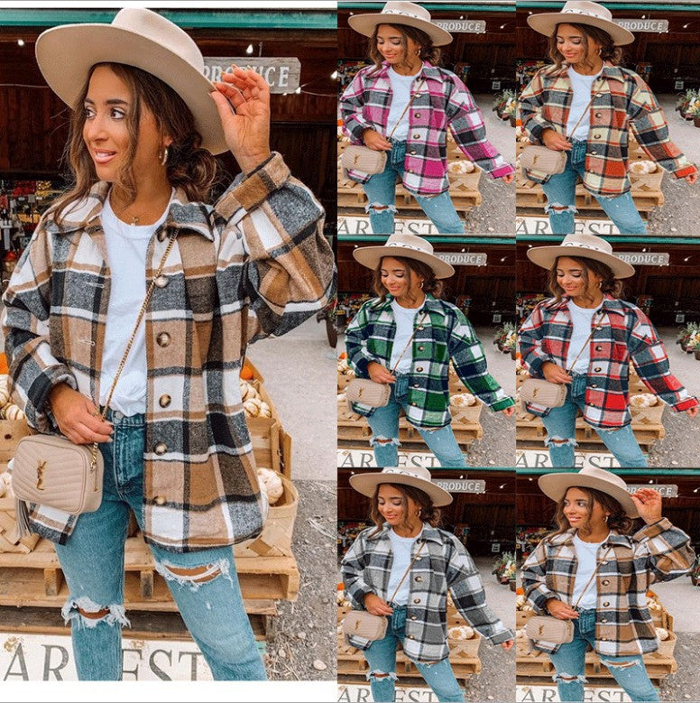 Women's Long Sleeve Lapel Loose Plaid Shirt Coats