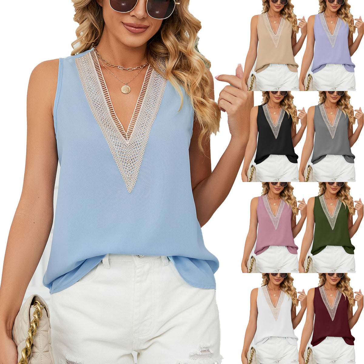 Summer Solid Color Loose Pullover Sleeveless Lace Shirt, Chiffon Shirt
