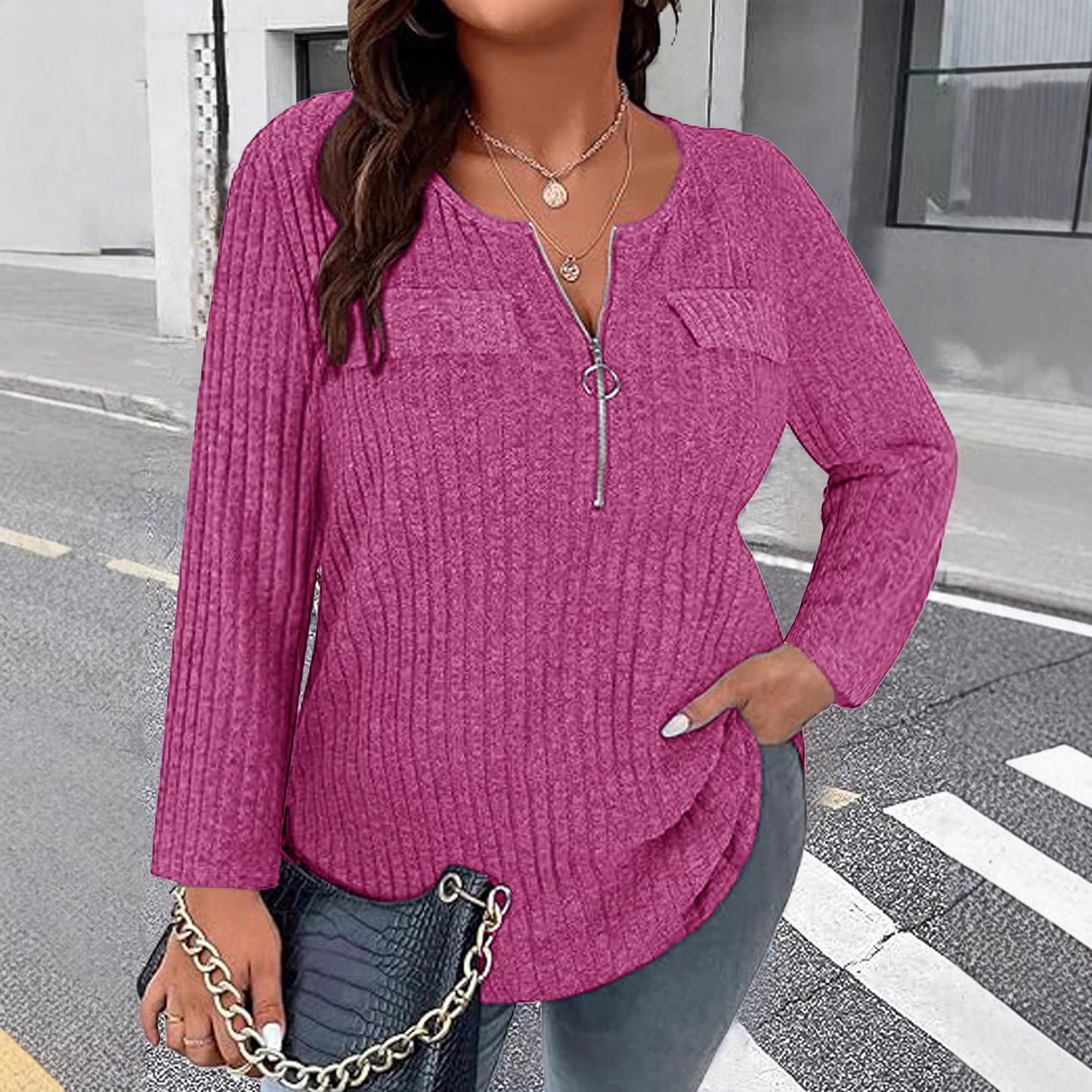 Cool Women's Casual Long Sleeve Zipper Large Size T-shirt