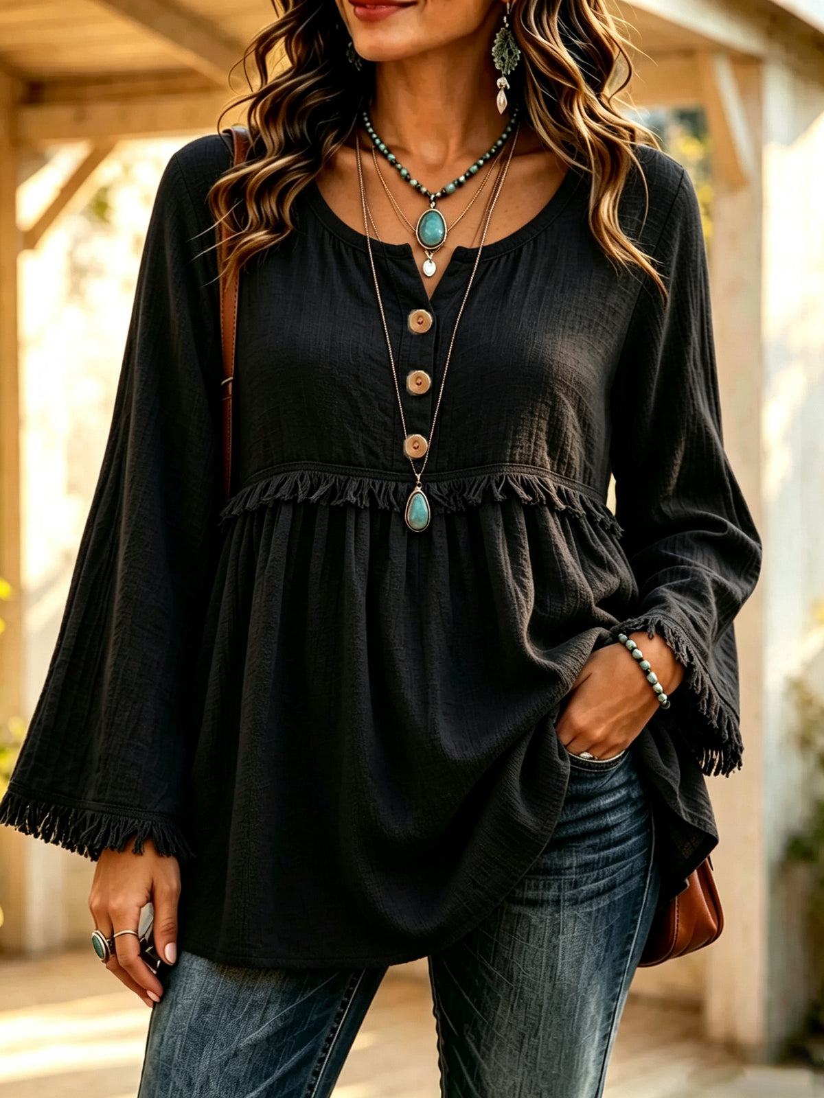 Women's Casual Loose Button Fashion Tassel Solid Color Tops