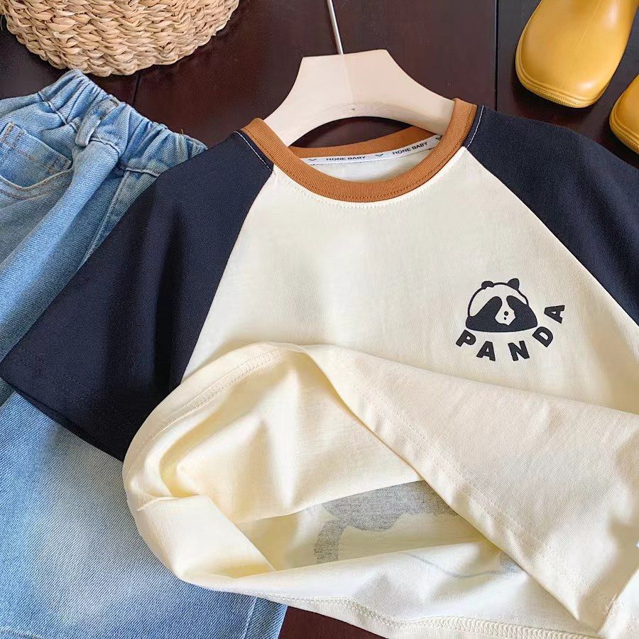 Children's Boy's Short-sleeved Summer Raglan Sleeve Cartoon Panda Contrast Children's T-shirt