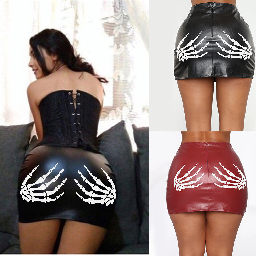 Women's Printed Female Leather Zipper Sexy Hip Skirts