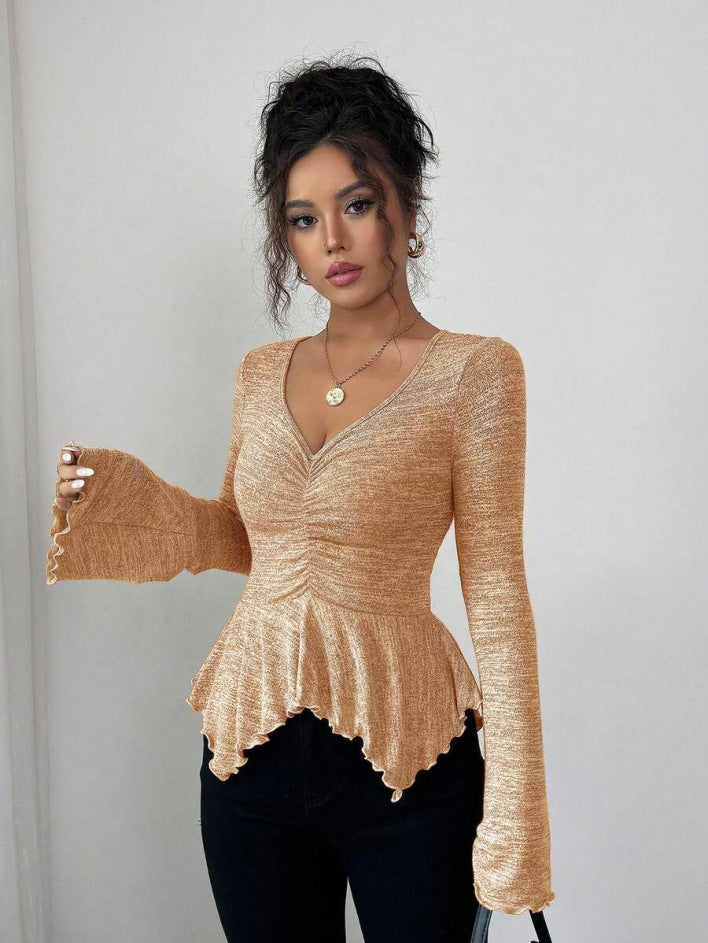 Women's Style Hem Flare Sleeve Ruffled Decoration Fashionable Elegant Romantic Vacation Women's T-shirt