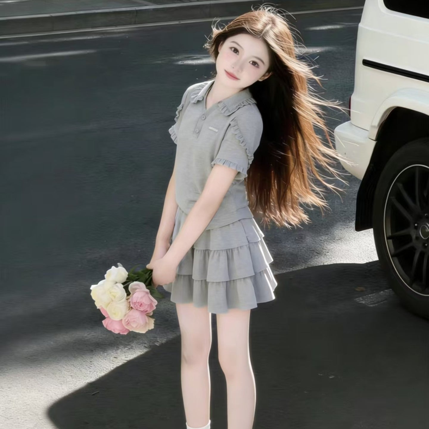 Children's Collar Short Sleeve Cake Dress Skirt Summer Children's Suit