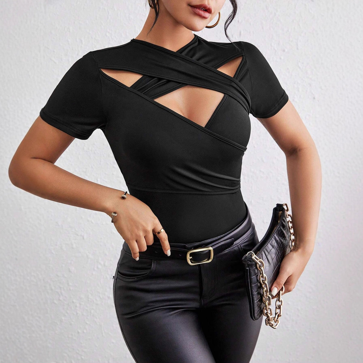 Solid Color Slim Fit Sexy Cross Design Hollow Women's T-shirt
