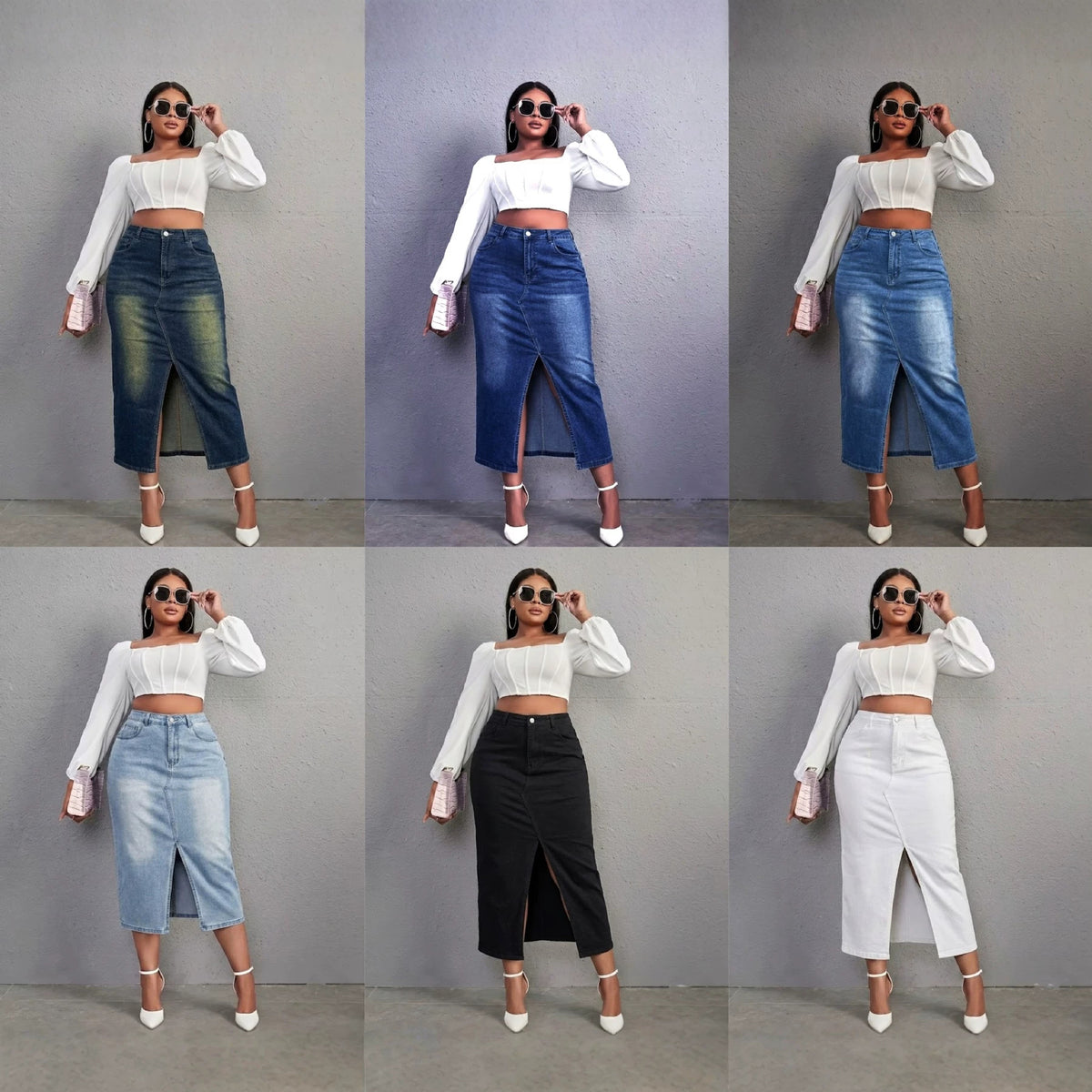Large High Waist Front Slit Denim Retro Skirt
