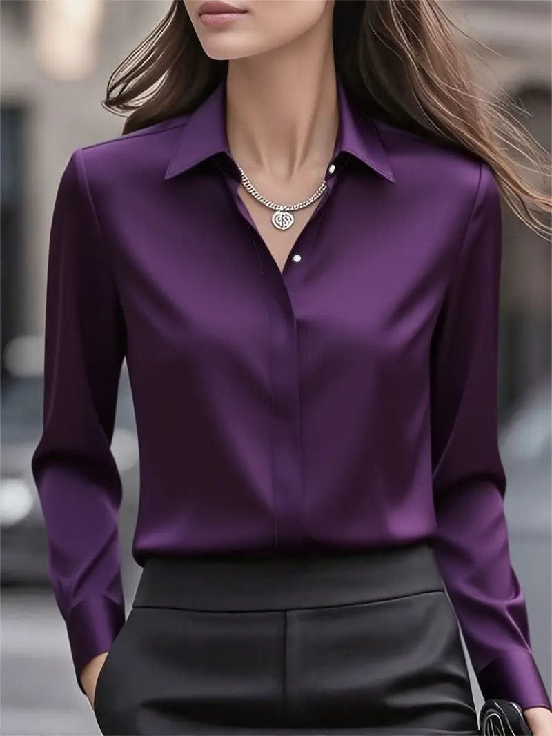 Women's Shirt Satin Lapel Long Sleeve Autumn Solid Blouse