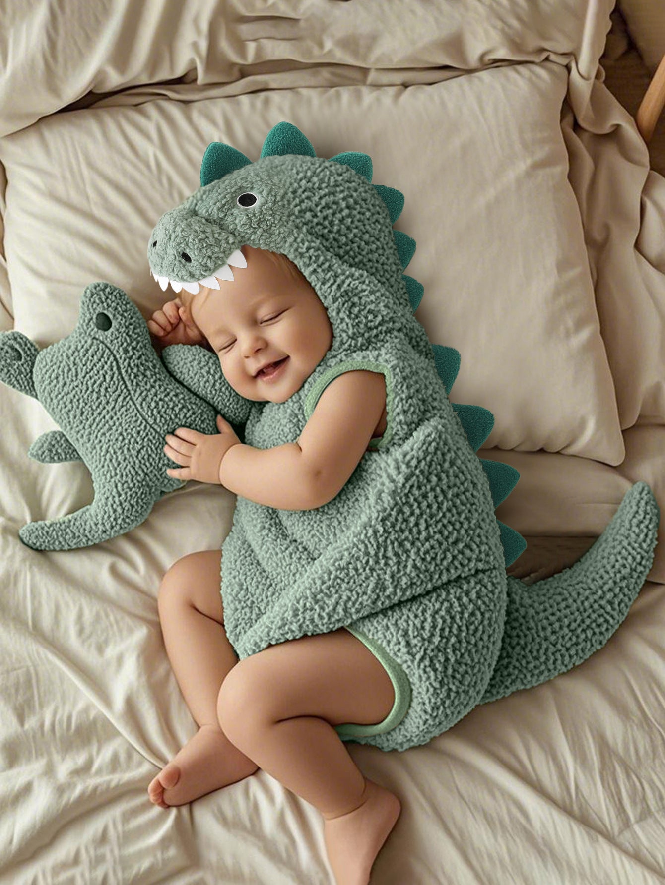Infants Cute Cartoon Sleeveless Hooded Triangle Rompers Polar Fleece Dinosaur Jumpsuit, Climbing Suit