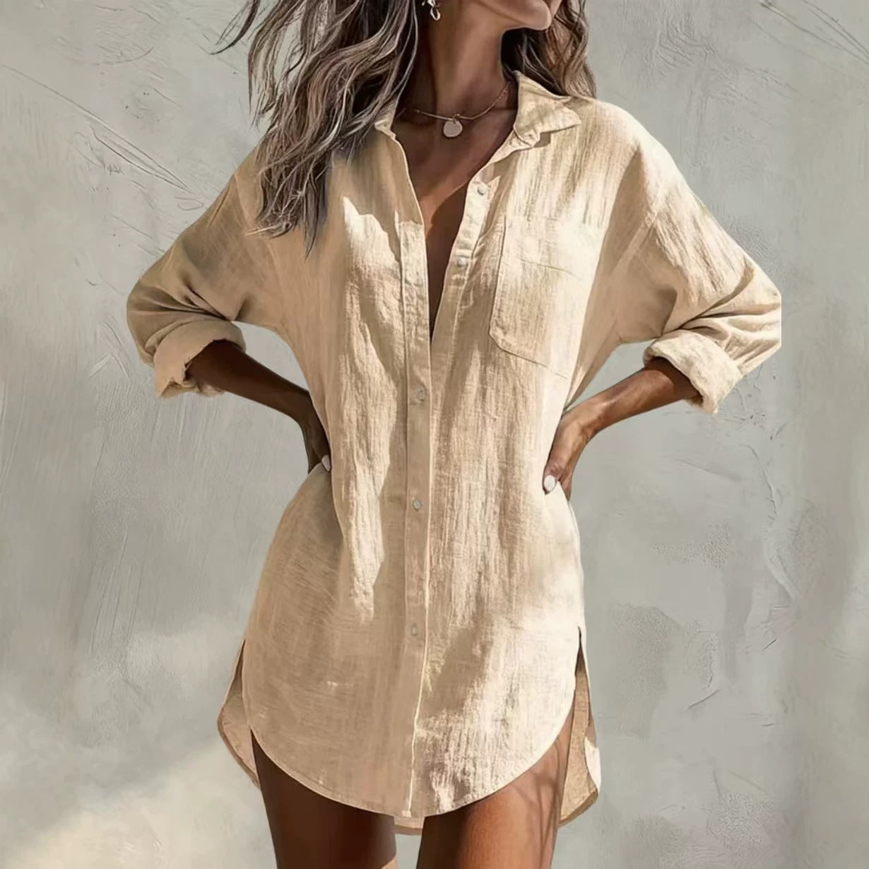 Women's Casual Outerwear Mid-length Lapel Loose Solid Blouse