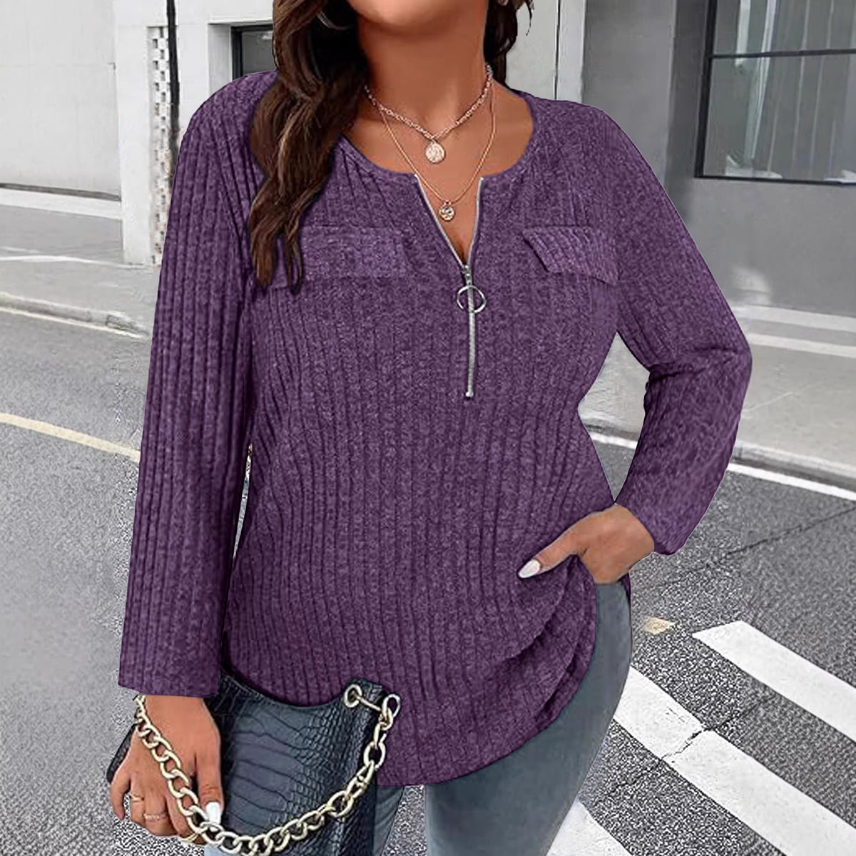 Cool Women's Casual Long Sleeve Zipper Large Size T-shirt