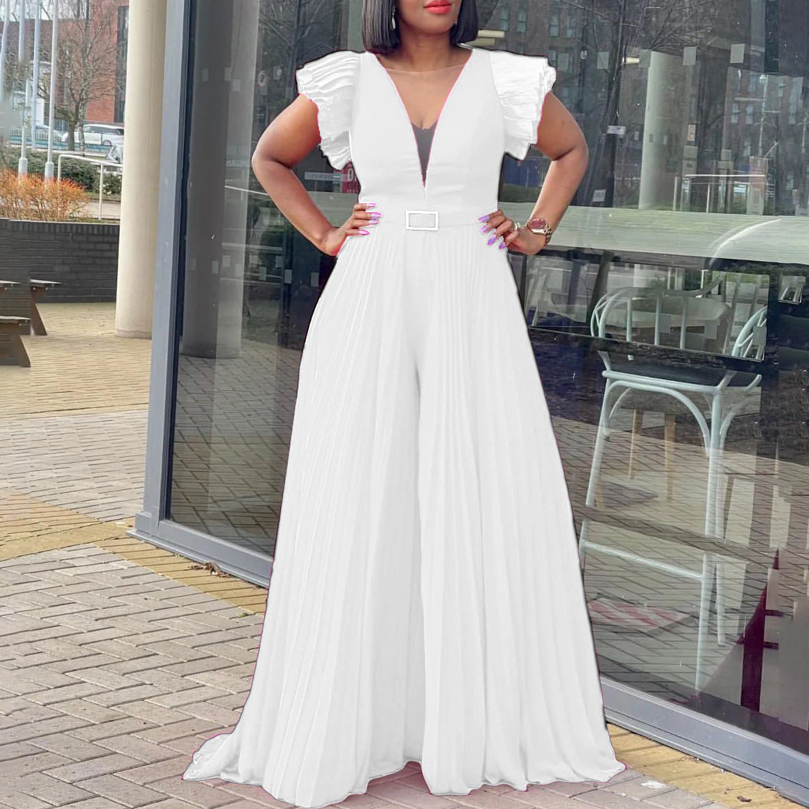 Women's Mesh Sexy Pleated Wide Leg Fitted Jumpsuits