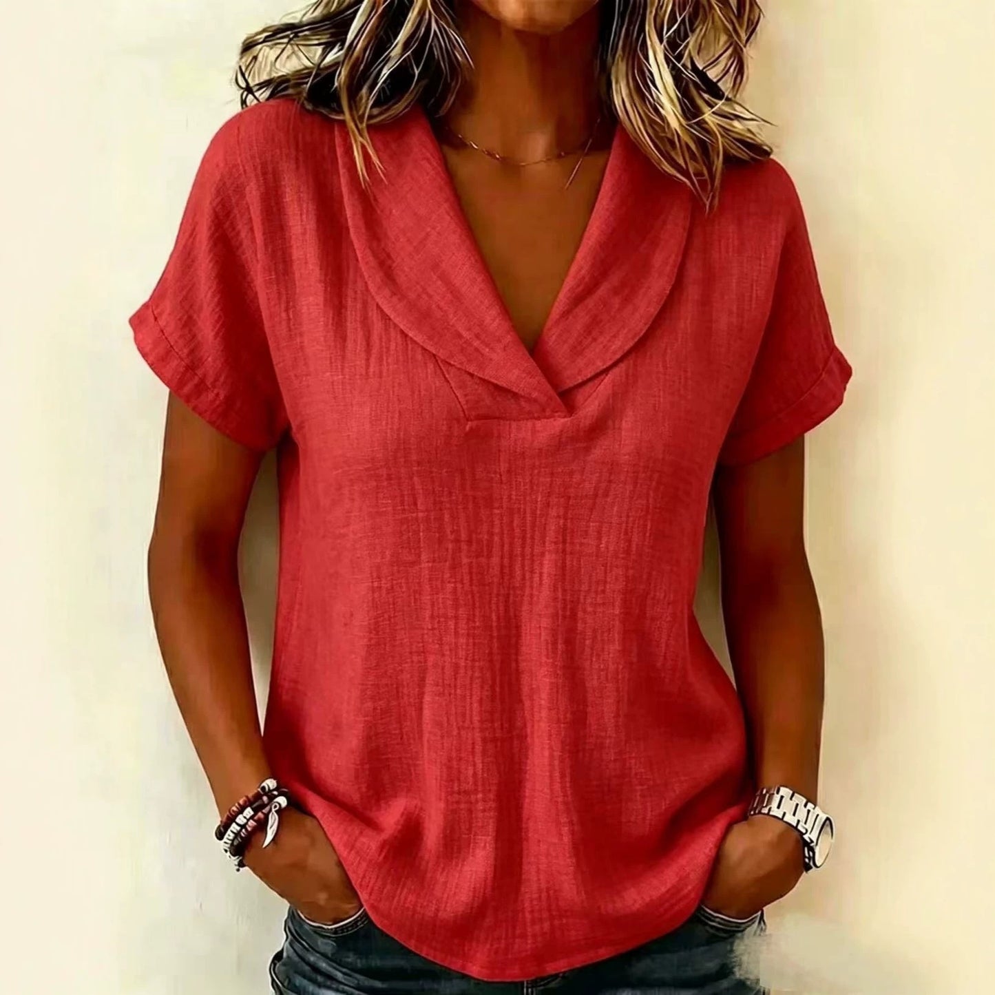 Women's Summer Woven Short-sleeved Shirt Doll Collar Clothing