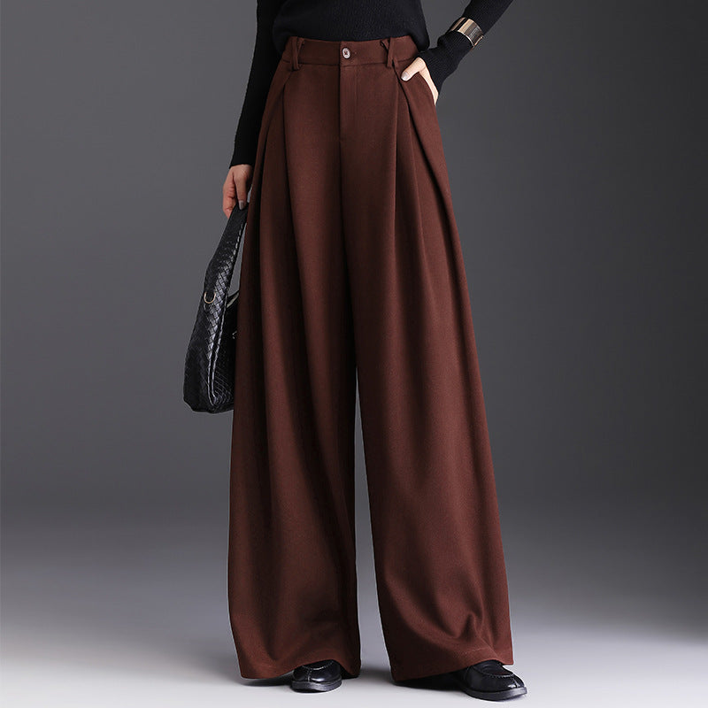 Women's Woolen High Waist Commuter Loose Cover Wide Leg Draping Casual Pants