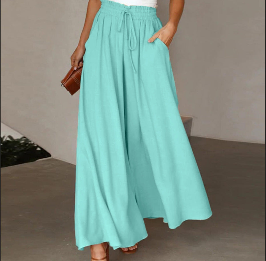 Women's Summer Elastic Waistband Wide Leg High Waist Long Culottes Casual Pants