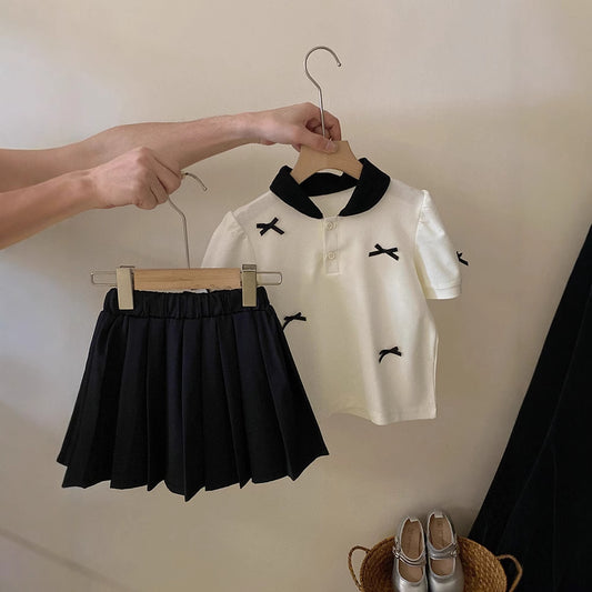 Summer Bow Short-sleeved Shirt Pleated Skirt Children's Suit