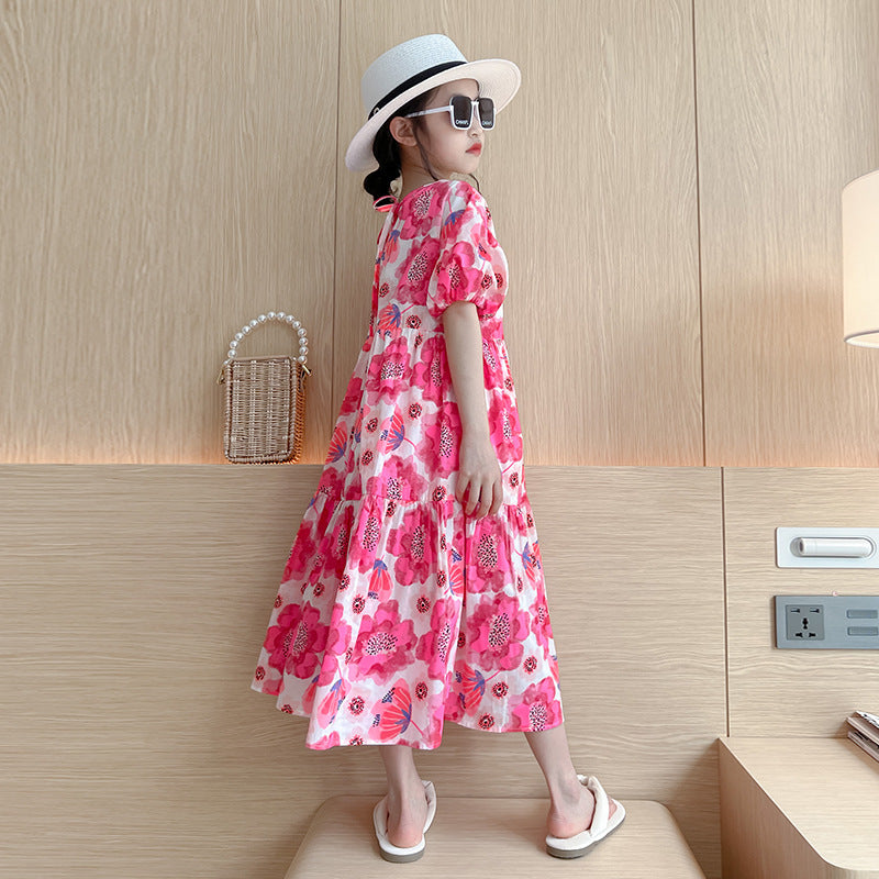 Children's Big Flower Summer Loose Western Style Korean Floral Lazy For Children's Dress