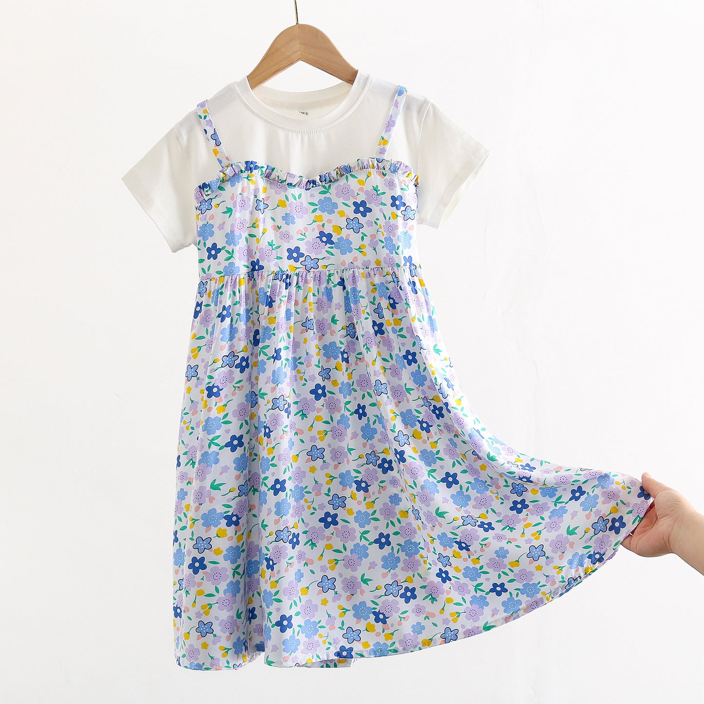 Children's Large Cotton Silk Short Sleeve Fake Two Pieces Artificial Summer Children's Dress