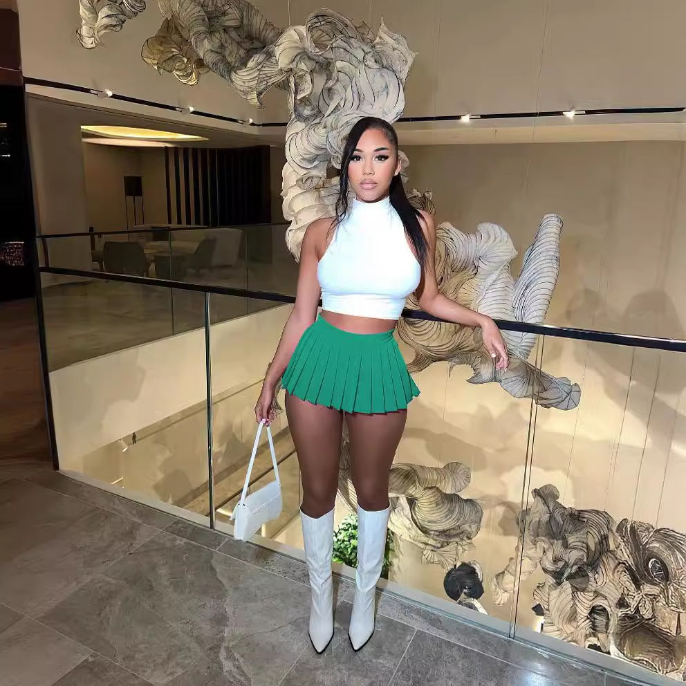 Women's Summer Solid Color Sexy Mini Pleated Skirt