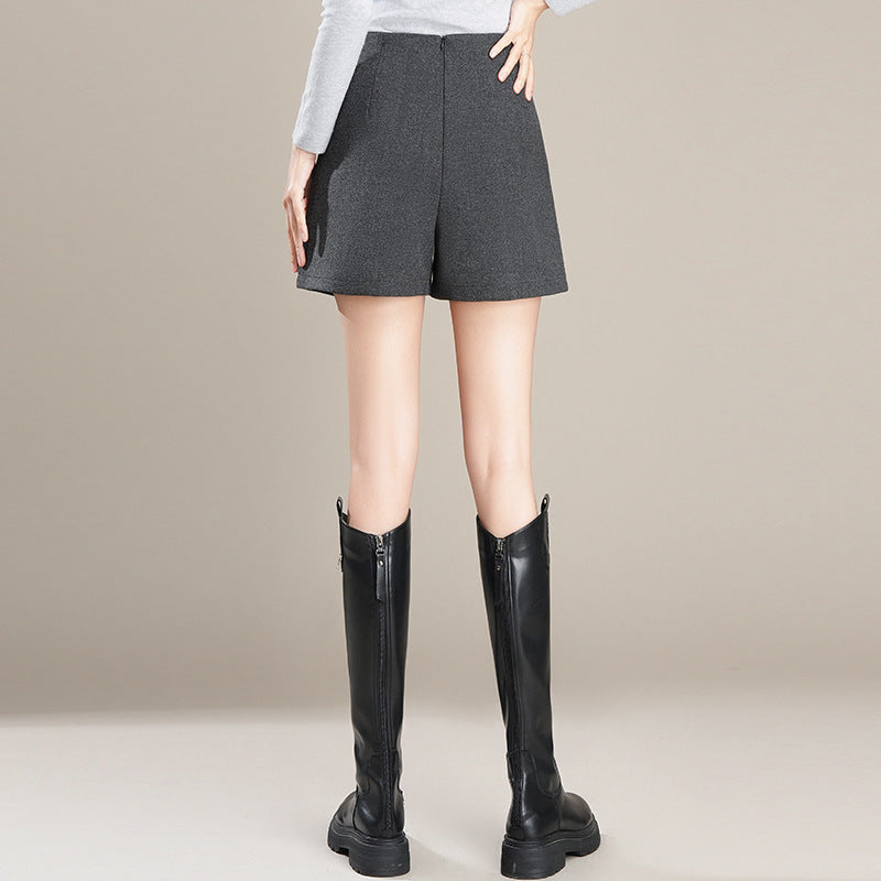 Women's Korean Style Gray High Waist Woolen Straight A- Line Outdoor Casual Pants