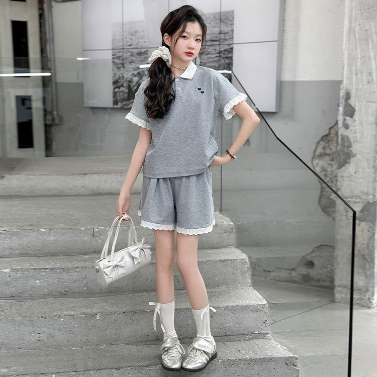 Children's Sports Suit Summer Korean Lace Edge Parent-child Outfit
