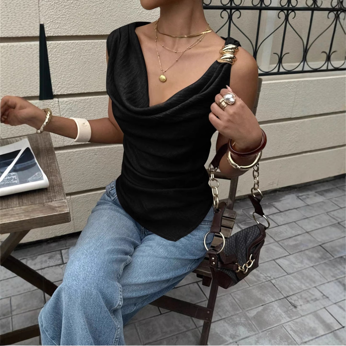 Women's Summer Pile Collar Metal Decorative Sleeveless Small Vest/suspenders/tube Top