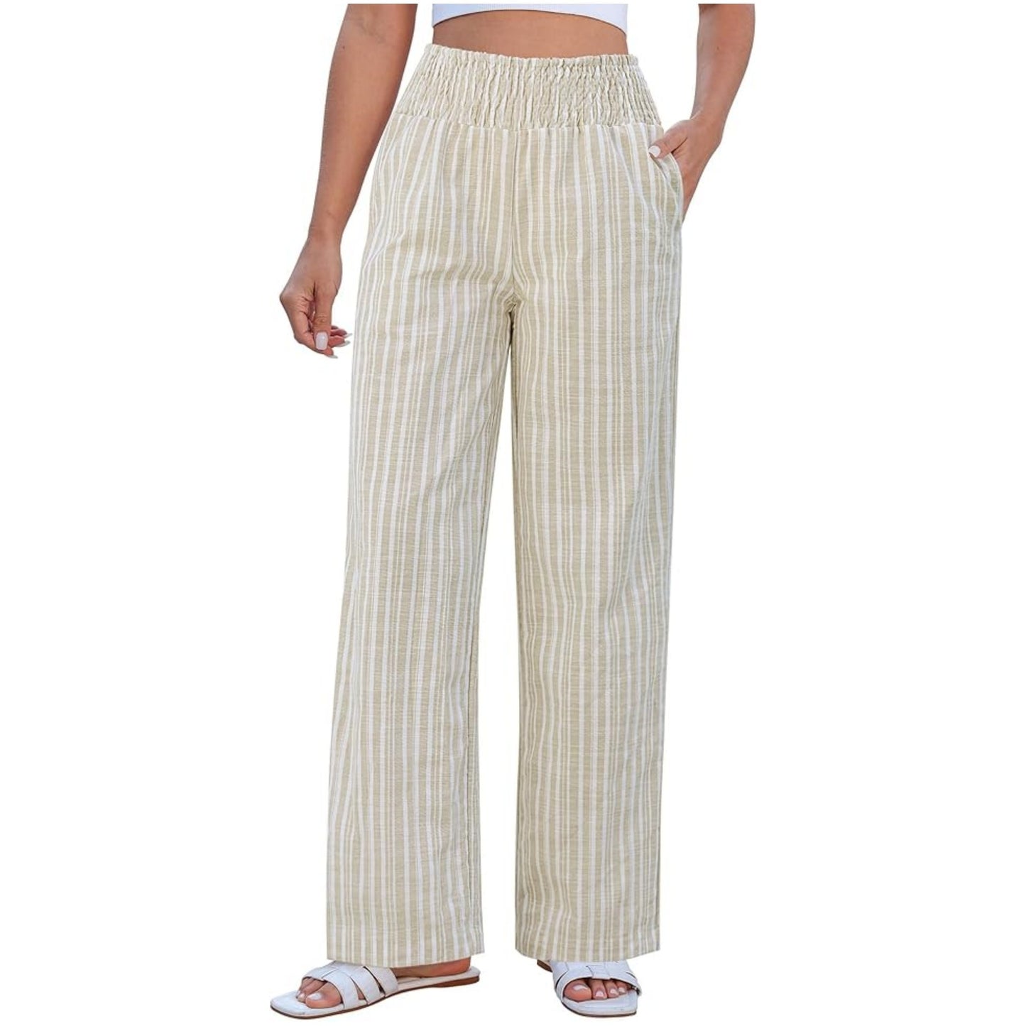 Women's Striped Loose Smocking High Waist Casual Pants