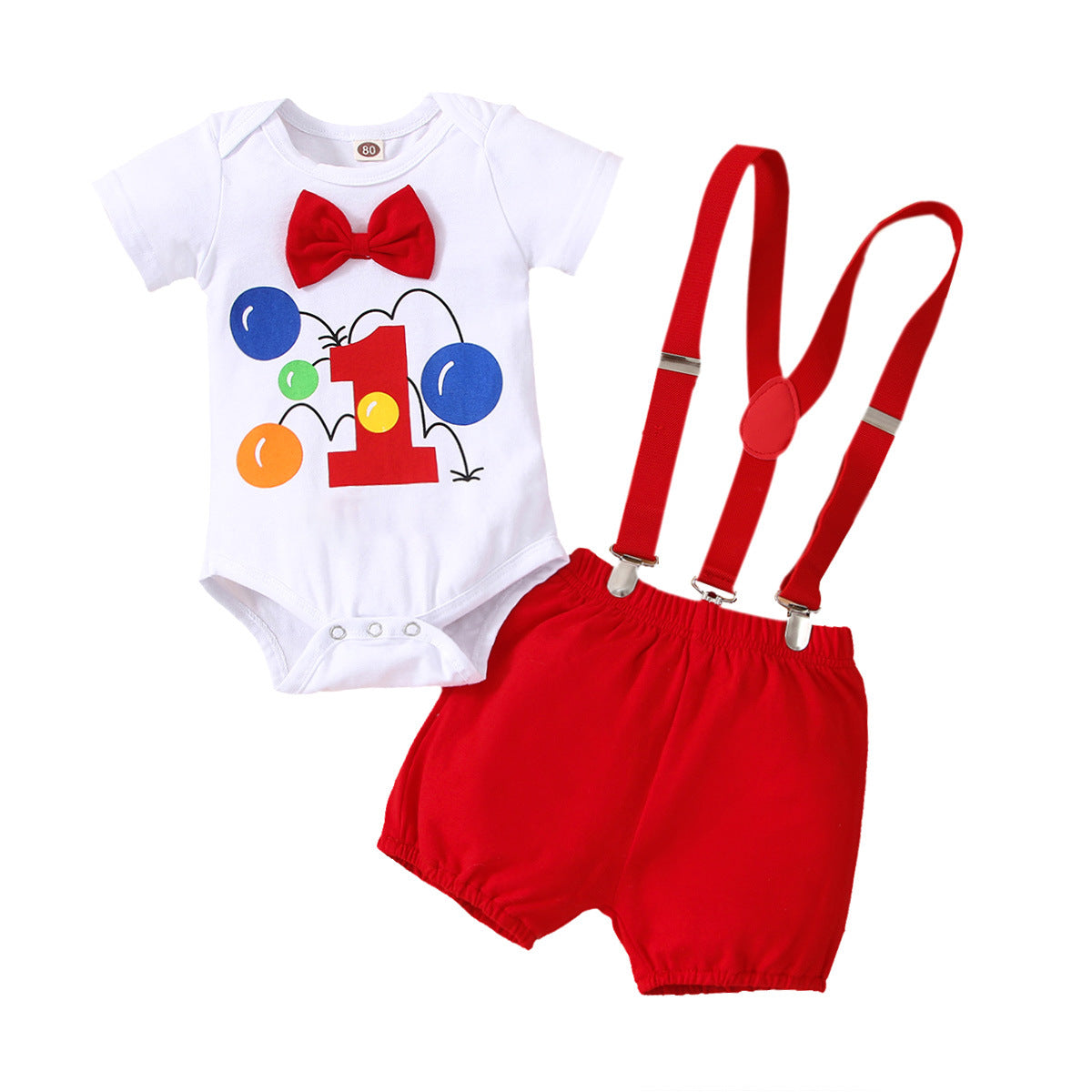 Boys Carrier Strap Short-sleeved Birthday Clothes Bow Print Romper Two-piece Jumpsuit, Climbing Suit