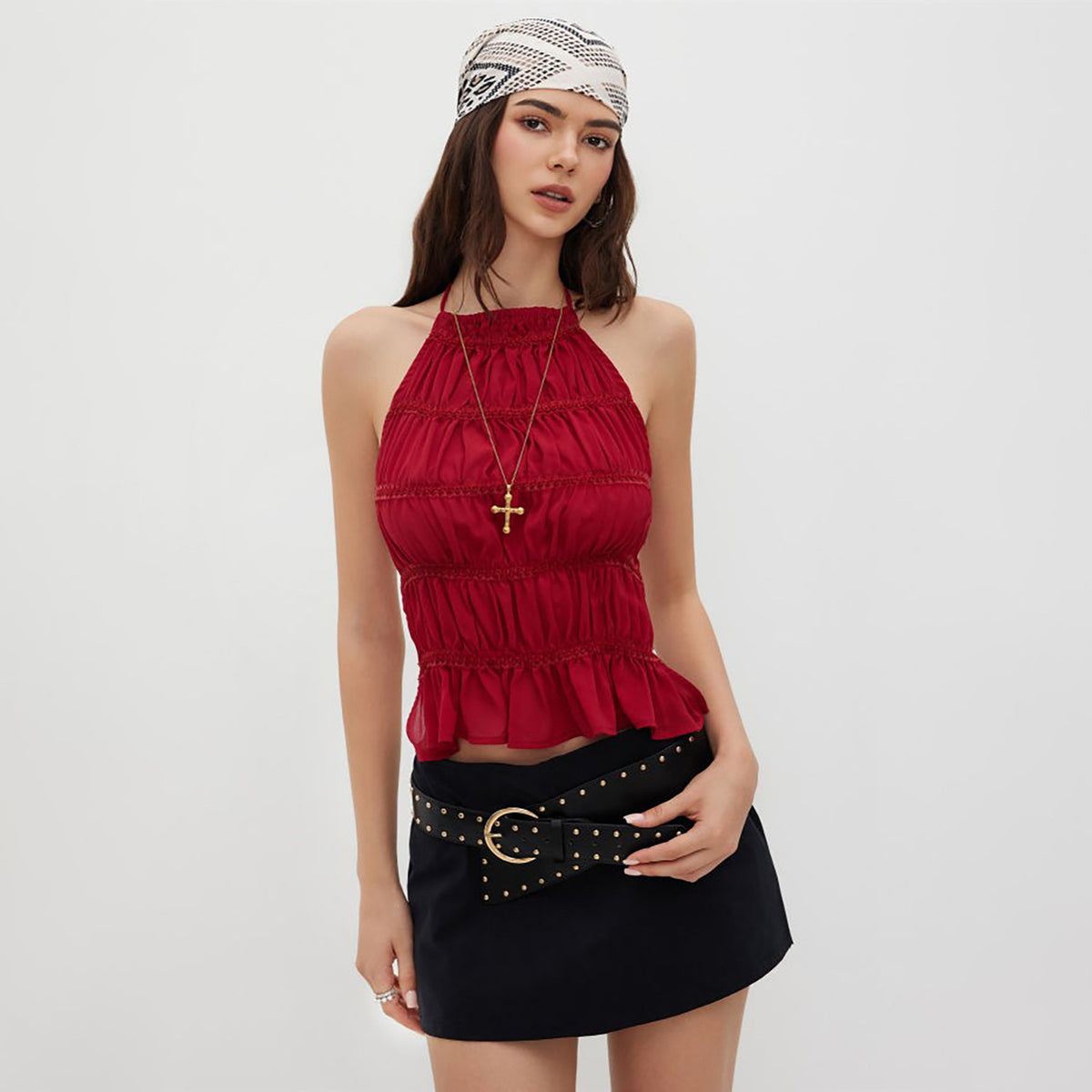 Women's Solid Color Pleated Halter Summer Design Back Backless Small Vest/suspenders/tube Top