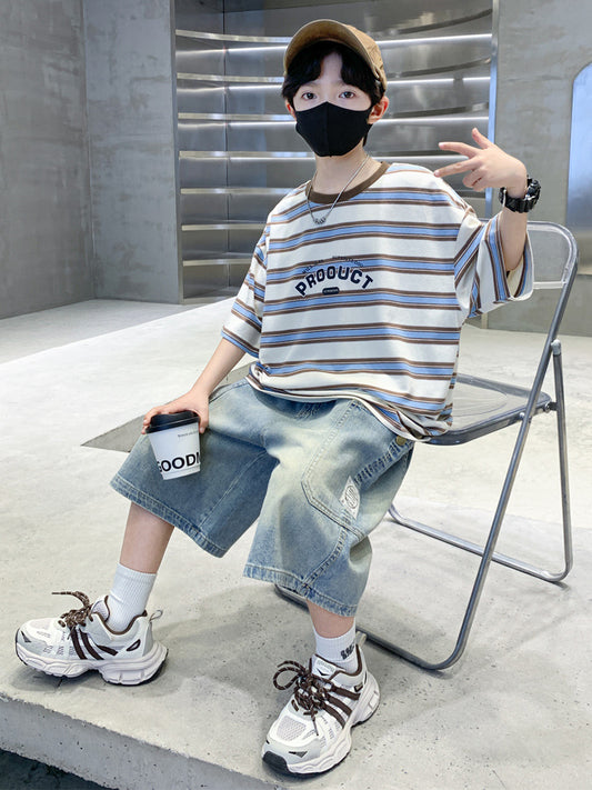 Children's Summer Striped Short-sleeved Shorts Two-piece Medium Big Children's Suit