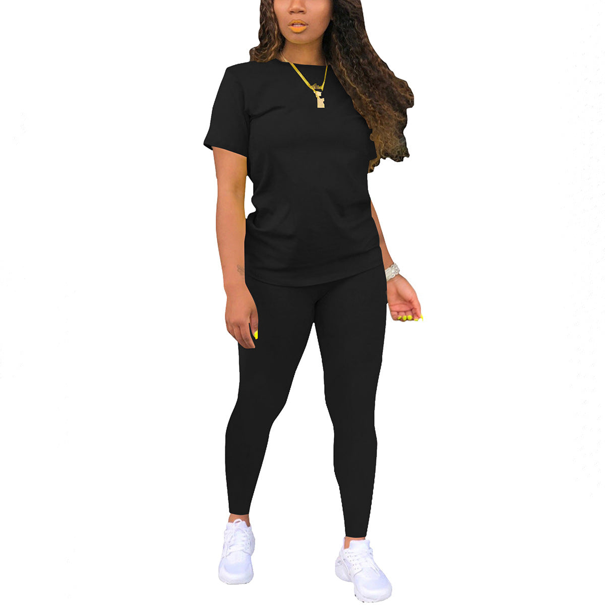 Women's Solid Color Gradient Printing Round Neck Sleeve T-shirt Fashion Casual Suit