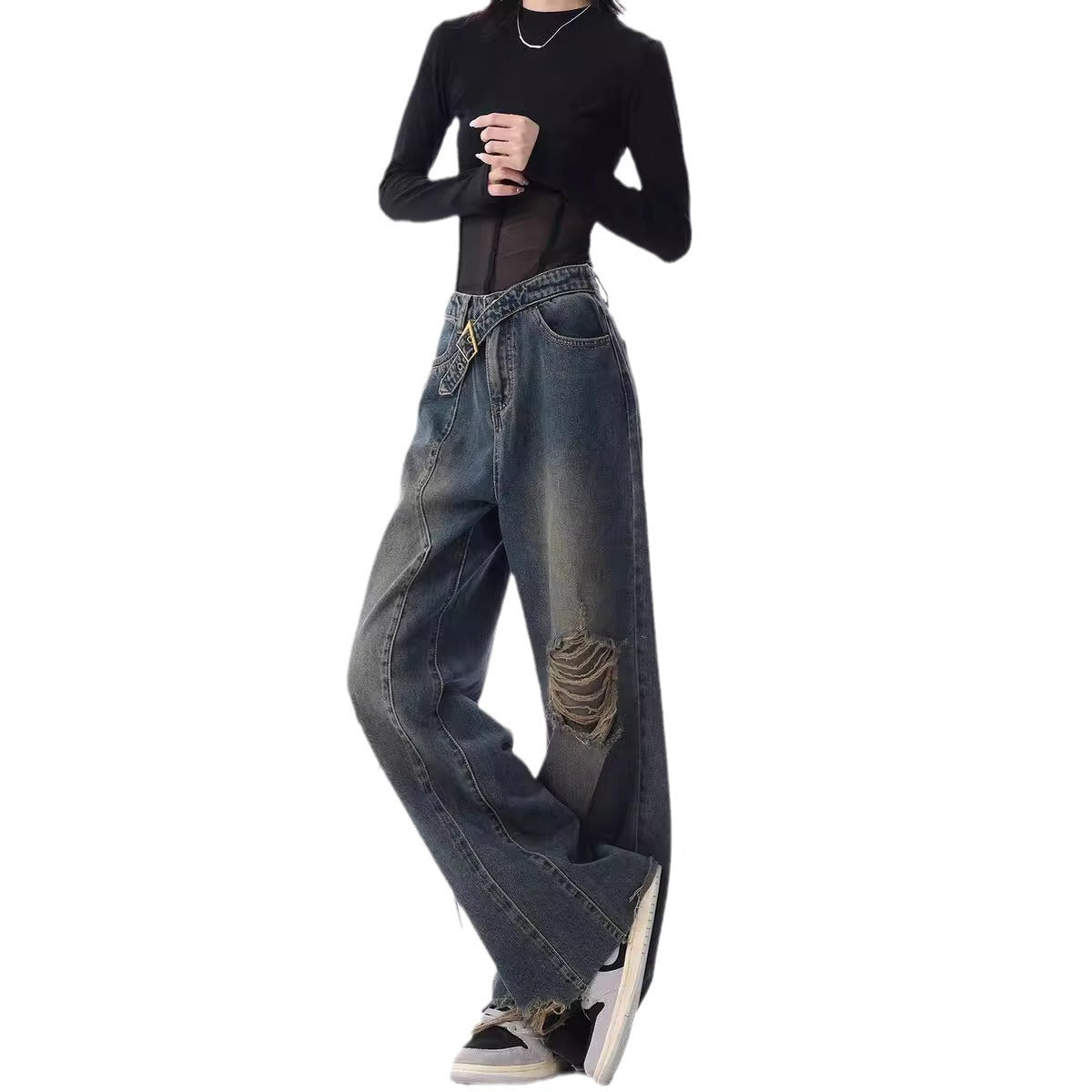 Early Autumn Ripped American Retro Raw Edges Design Loose Wide Jeans