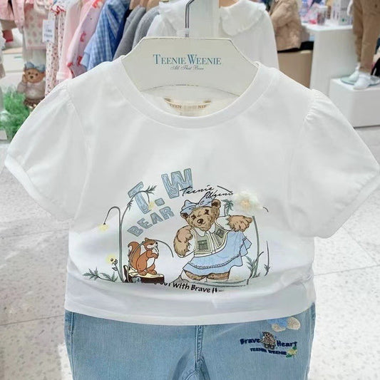 Korean Style Little Bear Cotton Class Knitted Soft Breathable Flower Children's T-shirt