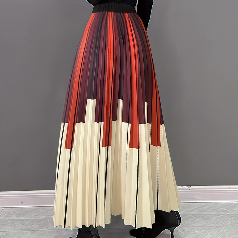 High Waist Pleated Striped Printing Color Contrast Simple Thin Skirt